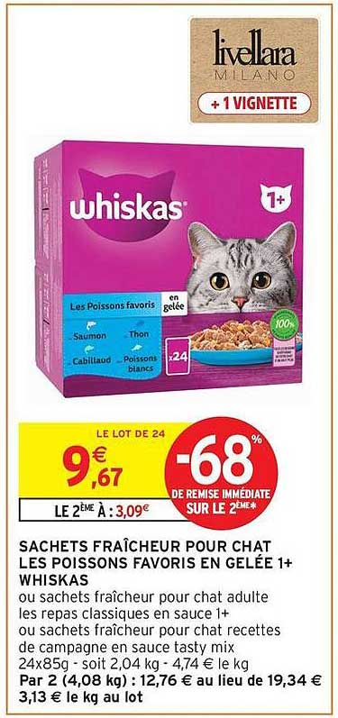 SACHETS FRAÎCHEUR POUR CHAT LES POISSONS FAVORIS EN GELÉE 1+ WHISKAS