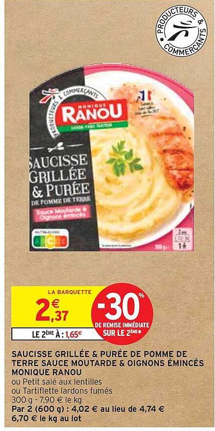 Saucisse grillée & purée de pomme de terre sauce moutarde & oignons émincés Monique Ranou