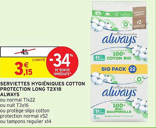 SERVIETTES HYGIÉNIQUES COTTON PROTECTION LONG T2X18 ALWAYS