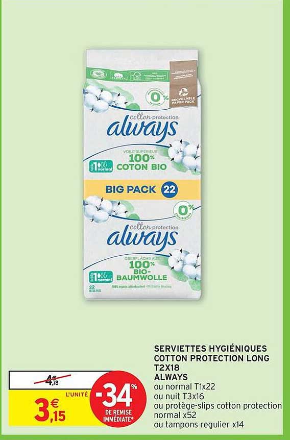 SERVIETTES HYGIÉNIQUES COTTON PROTECTION LONG T2X18 ALWAYS