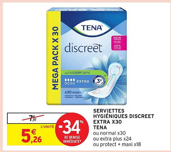 SERVIETTES HYGIÉNIQUES DISCREET EXTRA X30 TENA