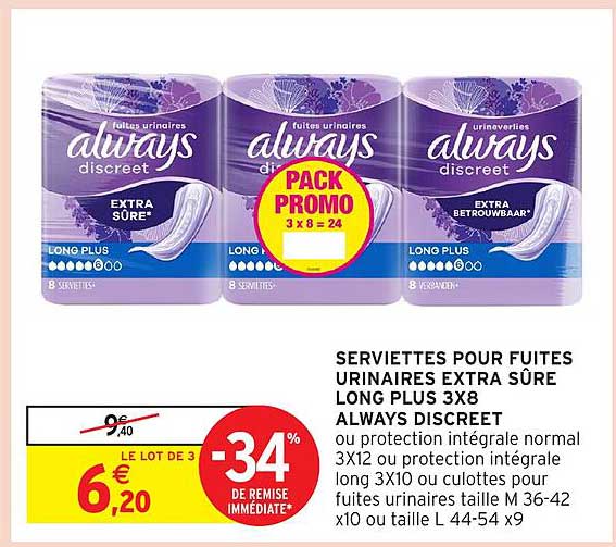 SERVIETTES POUR FUITES URINAIRES EXTRA SÛRE LONG PLUS 3X8 ALWAYS DISCREET