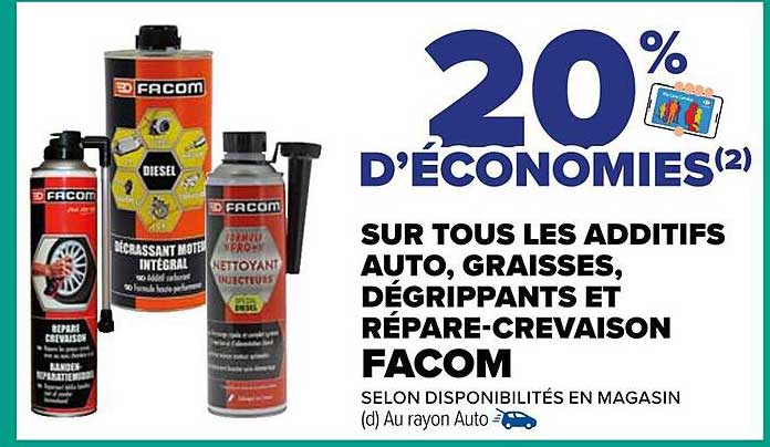 SUR TOUS LES ADDITIFS AUTO, GRAISSES, DÉGRIPPANTS ET RÉPARE-CREVAISON FACOM