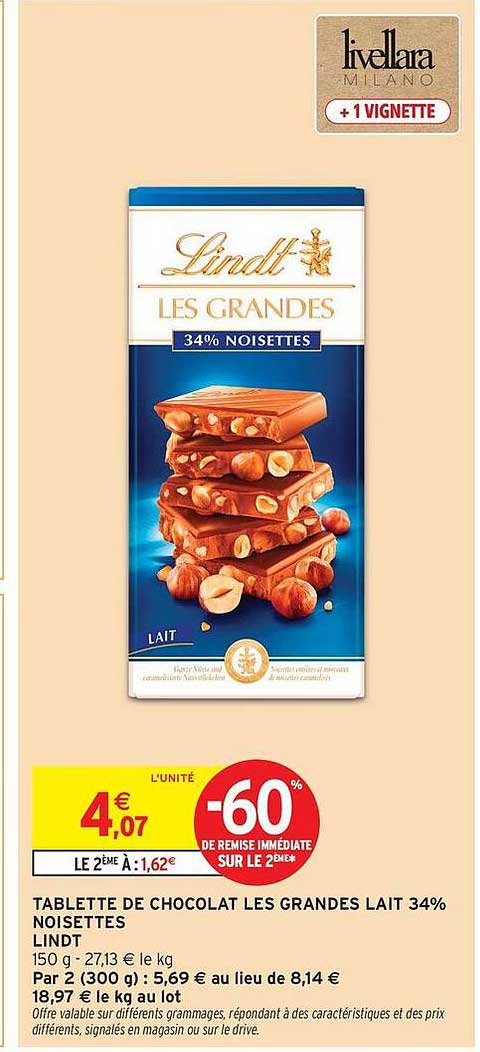 TABLETTE DE CHOCOLAT LES GRANDES LAIT 34% NOISETTES LINDT