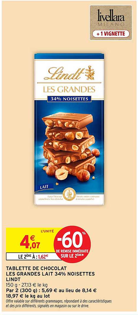 TABLETTE DE CHOCOLAT LES GRANDES LAIT 34% NOISETTES LINDT