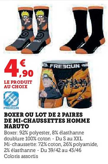 BOXER OU LOT DE 2 PAIRES DE MI-CHAUSSETTES HOMME NARUTO