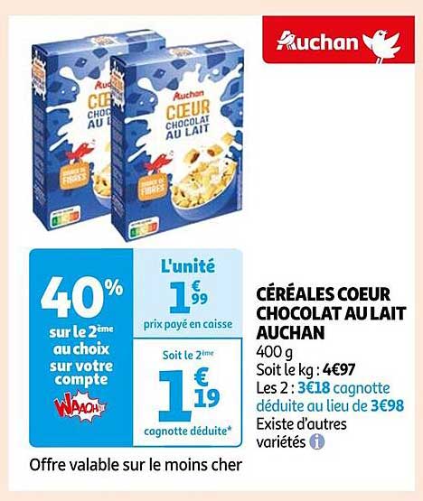 CÉRÉALES COEUR CHOCOLAT AU LAIT AUCHAN