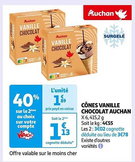 CÔNES VANILLE CHOCOLAT AUCHAN