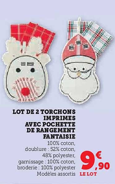 LOT DE 2 TORCHONS IMPRIMÉS AVEC POCHETTE DE RANGEMENT FANTASIE