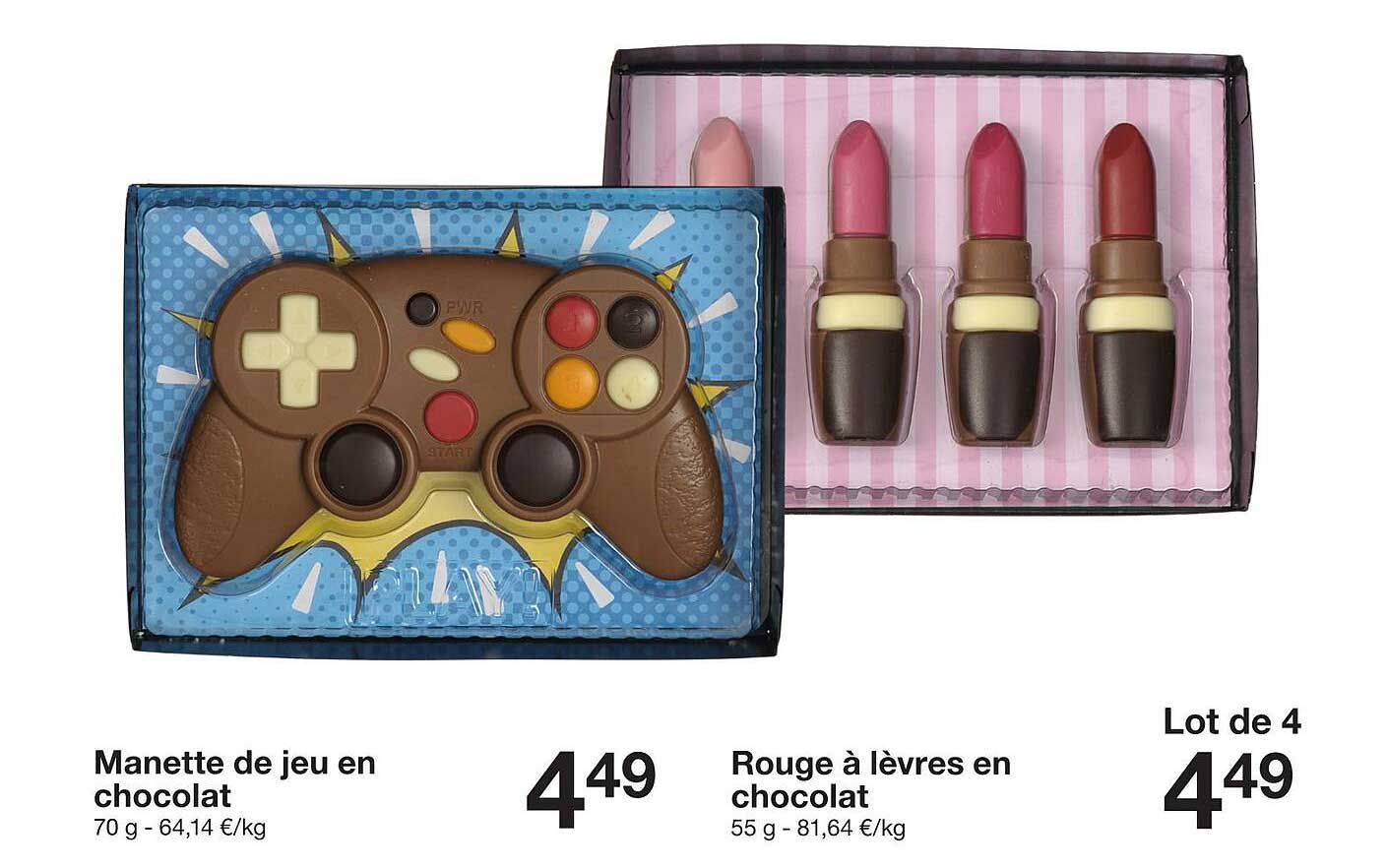 Manette de jeu en chocolat  
Rouge à lèvres en chocolat  
Lot de 4