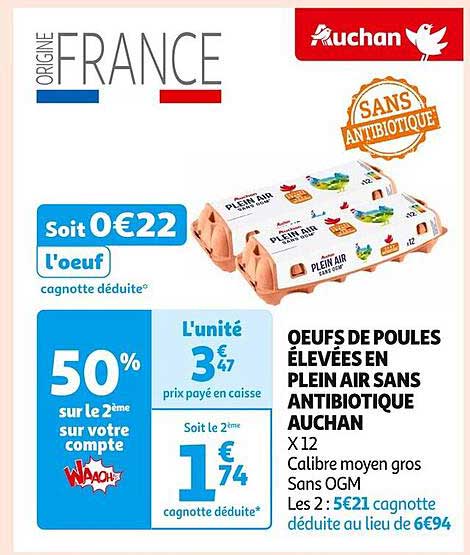 OEUFS DE POULES ÉLEVÉES EN PLEIN AIR SANS ANTIBIOTIQUE AUCHAN