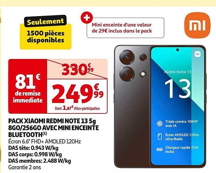 PACK XIAOMI REDMI NOTE 13 5G 8GO/256GO AVEC MINI ENCEINTE BLUETOOTH