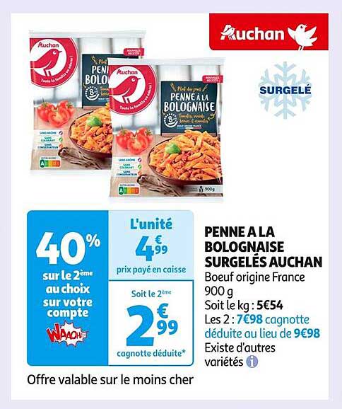 PENNE À LA BOLOGNAISE SURGELÉS AUCHAN