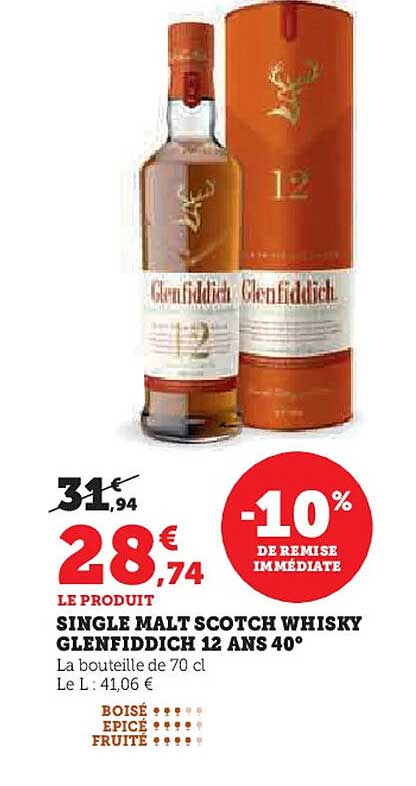 SINGLE MALT SCOTCH WHISKY GLENFIDDICH 12 ANS 40°