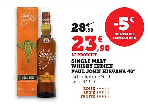 SINGLE MALT WHISKY INDIEN PAUL JOHN NIRVANA 40°