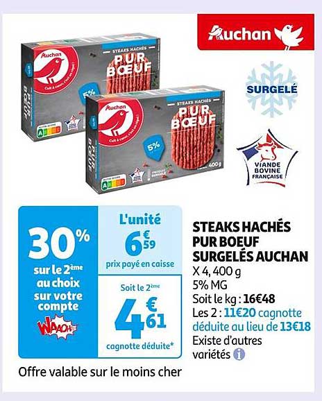 STEAKS HACHÉS PUR BŒUF SURGELÉS AUCHAN