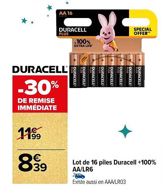 Lot de 16 piles Duracell +100% AA/LR6