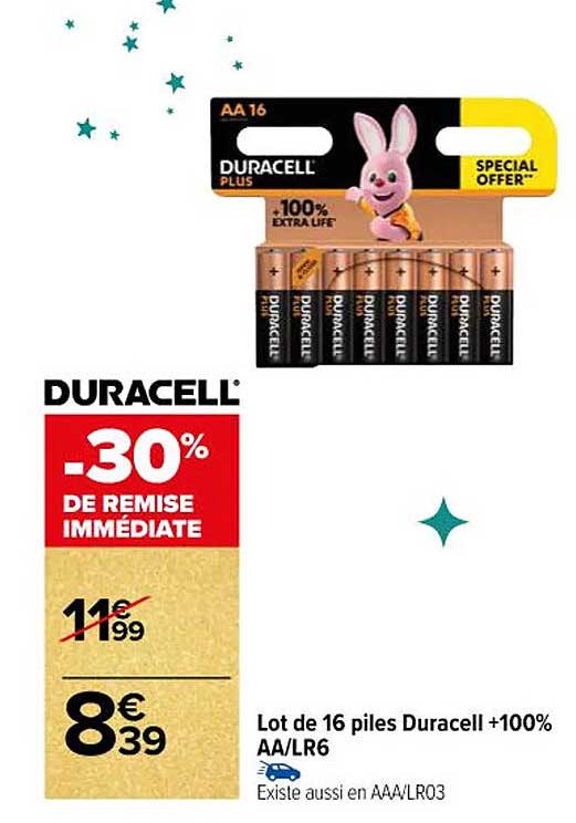 Lot de 16 piles Duracell +100% AA/LR6