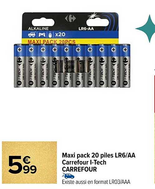 Maxi pack 20 piles LR6/AA Carrefour I-Tech CARREFOUR