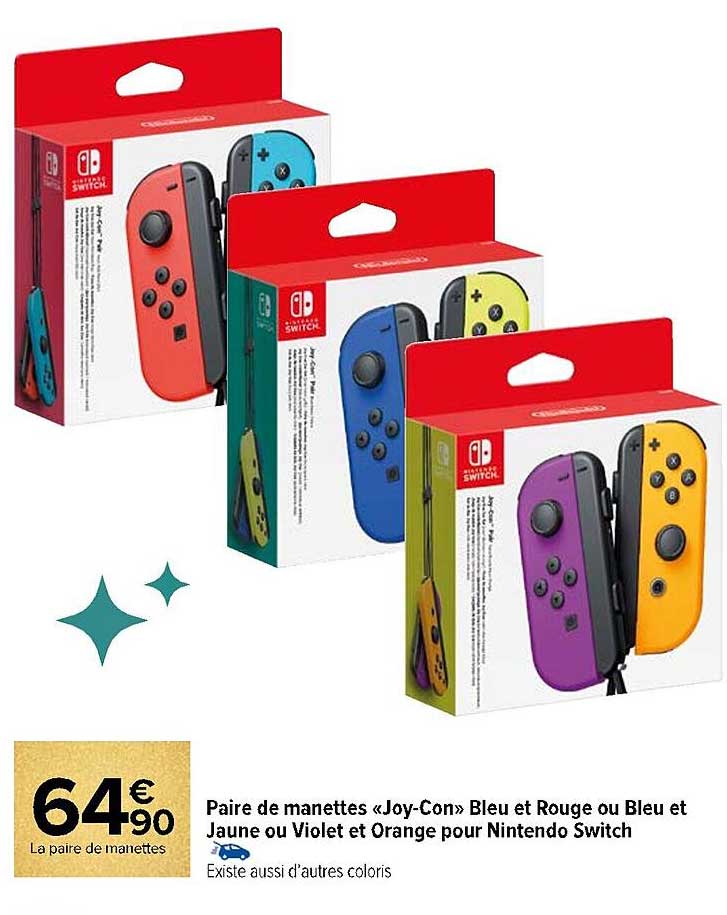 Paire de manettes «Joy-Con» Bleu et Rouge ou Bleu et Jaune ou Violet et Orange pour Nintendo Switch