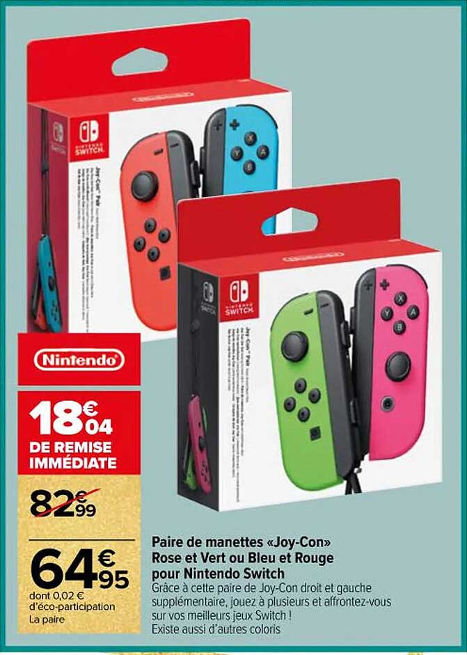 Paire de manettes « Joy-Con » Rose et Vert ou Bleu et Rouge pour Nintendo Switch