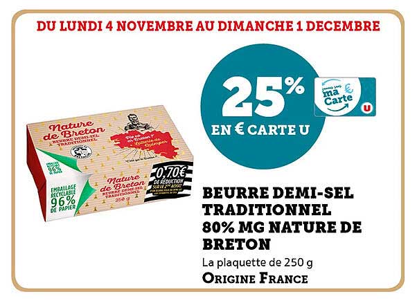 BEURRE DEMI-SEL TRADITIONNEL 80% MG NATURE DE BRETON