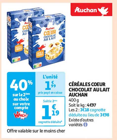 CÉRÉALES COEUR CHOCOLAT AU LAIT AUCHAN