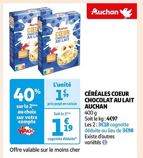 CÉRÉALES COEUR CHOCOLAT AU LAIT AUCHAN