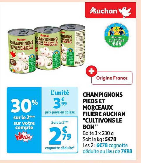 CHAMPIGNONS PIEDS ET MORCEAUX FILIÈRE AUCHAN "CULTIVONS LE BON"