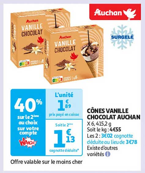 CÔNES VANILLE CHOCOLAT AUCHAN