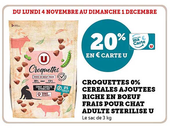 CROQUETTES 0% CÉRÉALES AJOUTÉES RICHES EN BŒUF FRAIS POUR CHAT ADULTE STÉRILISÉ U