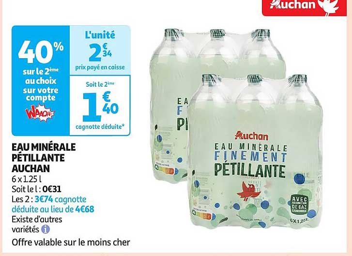 EAU MINÉRALE FINEMENT PÉTILLANTE AUCHAN 6 x 1.25 l