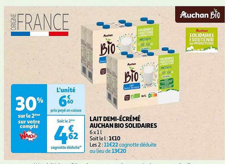 LAIT DEMI-ÉCRÉMÉ AUCHAN BIO SOLIDAIRES