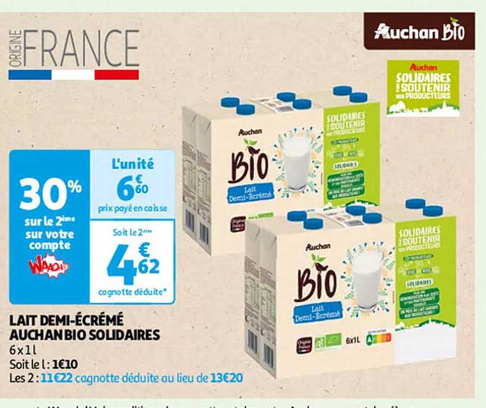 Lait Demi-Écrémé Auchan Bio Solidaires