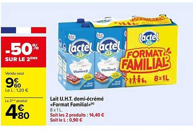 Lait U.H.T. demi-écrémé « Format Familial » 8 x 1 L