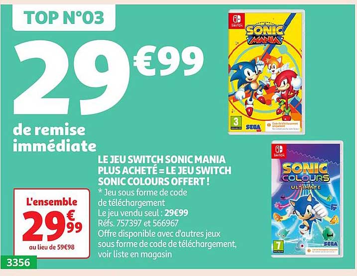 LE JEU SWITCH SONIC MANIA PLUS ACHETE = LE JEU SWITCH SONIC COLOURS OFFERT !