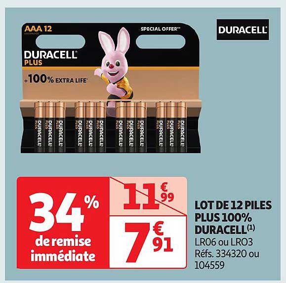 LOT DE 12 PILES PLUS 100% DURACELL