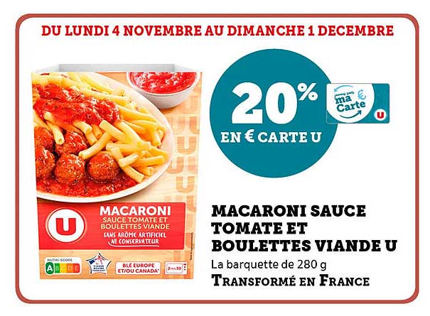 MACARONI SAUCE TOMATE ET BOULETTES VIANDE U