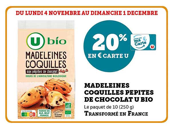 MADELEINES COQUILLES PEPITES DE CHOCOLAT U BIO