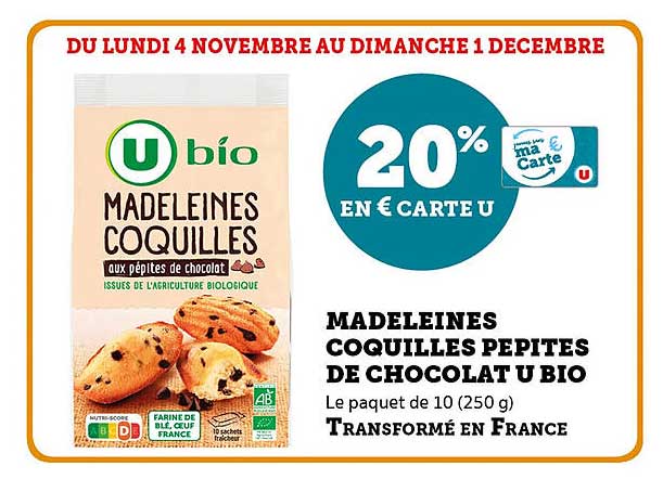 MADELEINES COQUILLES PEPITES DE CHOCOLAT U BIO