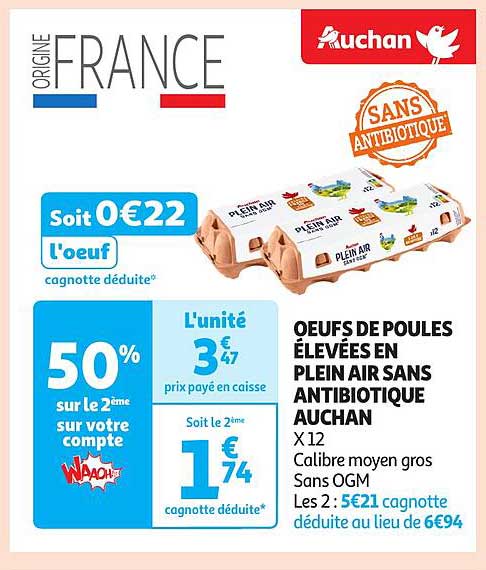 ŒUFS DE POULES ÉLEVÉS EN PLEIN AIR SANS ANTIBIOTIQUE AUCHAN