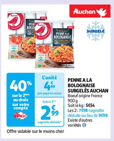 PENNE A LA BOLOGNAISE SURGELÉS AUCHAN