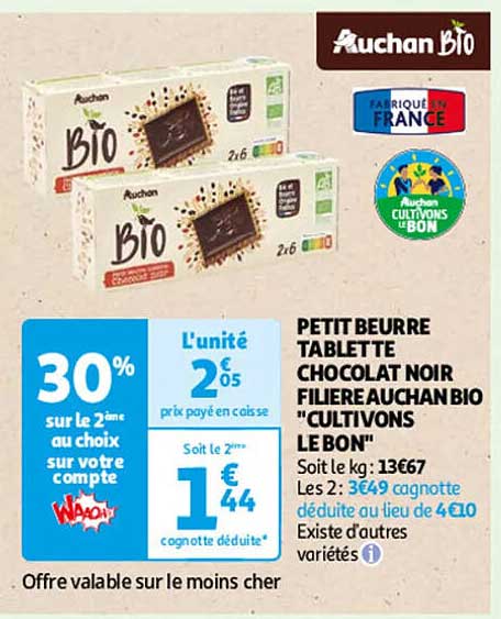 PETIT BEURRE TABLETTE CHOCOLAT NOIR FILIERE AUCHAN BIO "CULTIVONS LE BON"