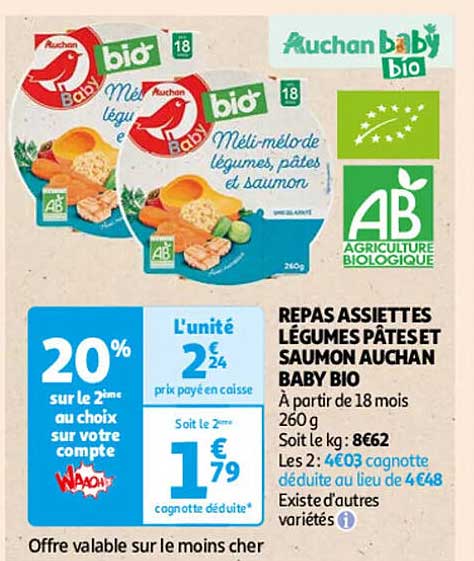 REPAS ASSIETTES LÉGUMES PÂTES ET SAUMON AUCHAN BABY BIO