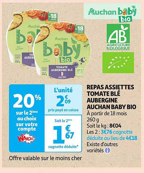 REPAS ASSIETTES TOMATE BLÉ AUBERGINE AUCHAN BABY BIO