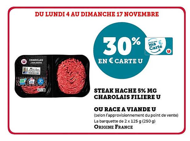 STEAK HACHE 5% MG CHAROLAIS FILIERE U OU RACE A VIANDE U