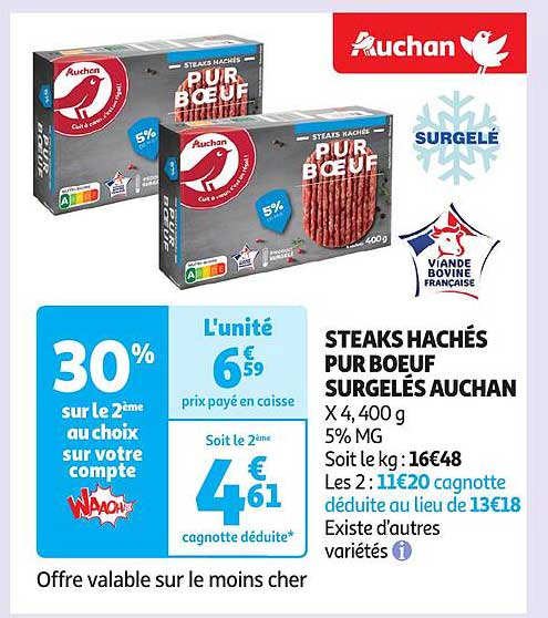 STEAKS HACHÉS PUR BŒUF SURGELÉS AUCHAN