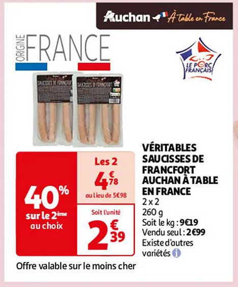 VÉRITABLES SAUCISSES DE FRANCFORT AUCHAN À TABLE EN FRANCE