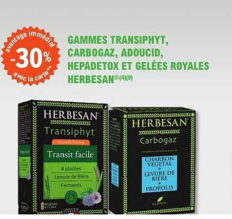 GAMMES TRANSIPHYT, CARBOGAZ, ADOUCID, HEPADETOX ET GELÉES ROYALES HERBESAN