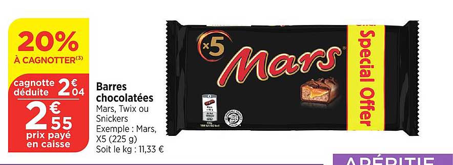 Barres chocolatées Mars, Twix ou Snickers